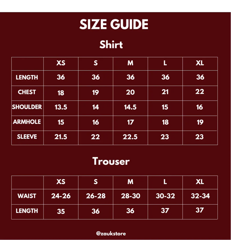 Size guide for shirts and trousers with measurements in inches on a red background.