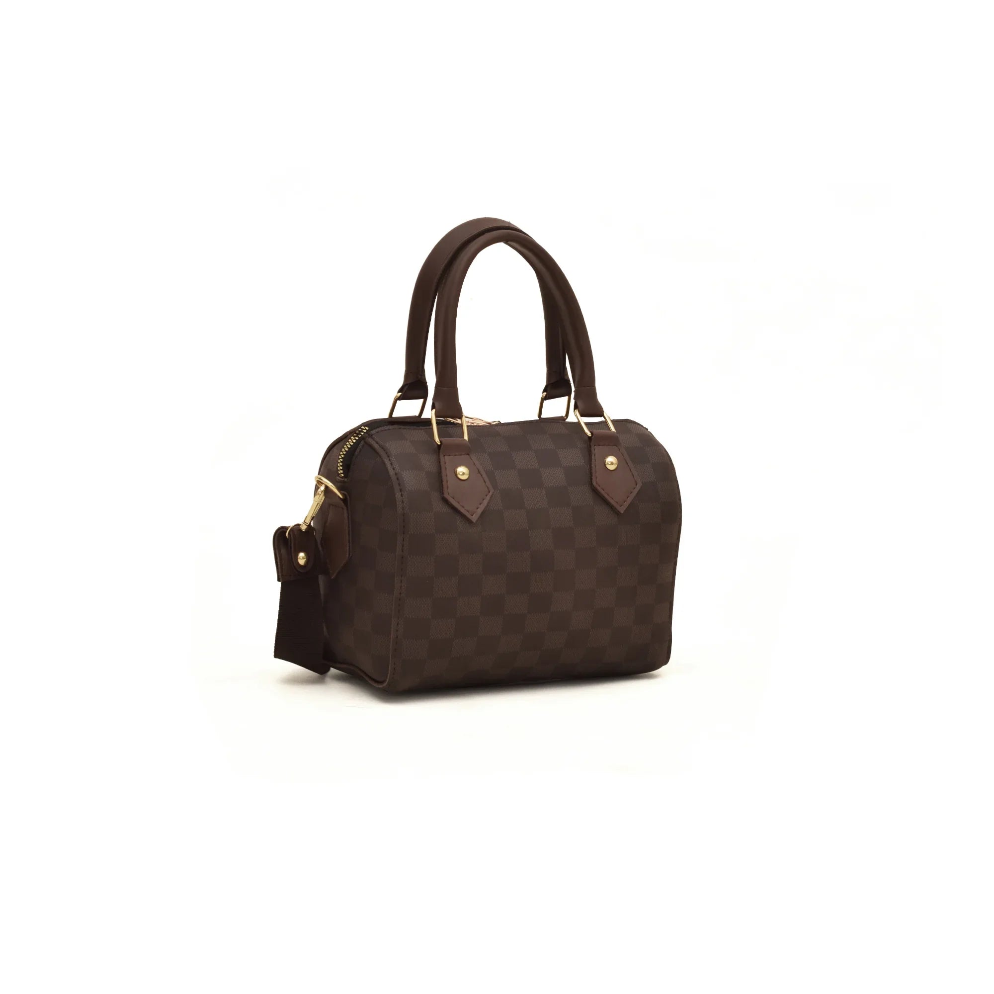 Brown checkered handbag with gold accents on a white background