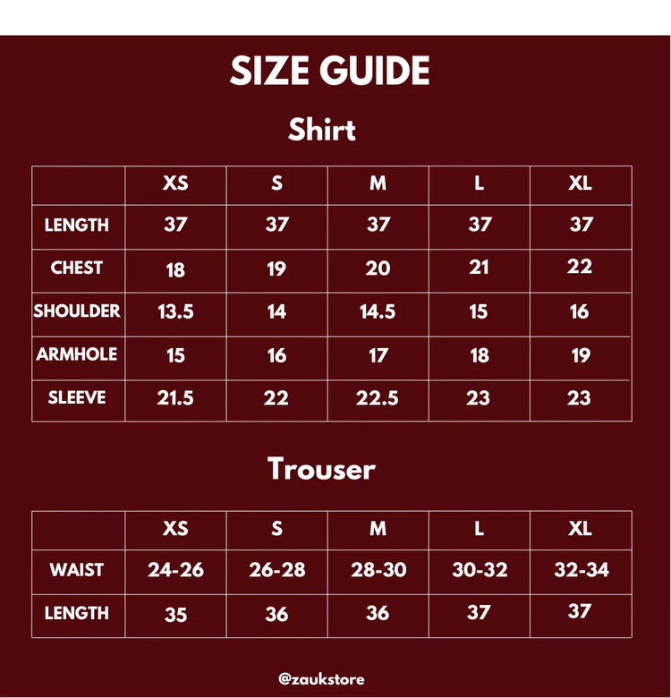 Size guide for shirts and trousers with measurements on a red background