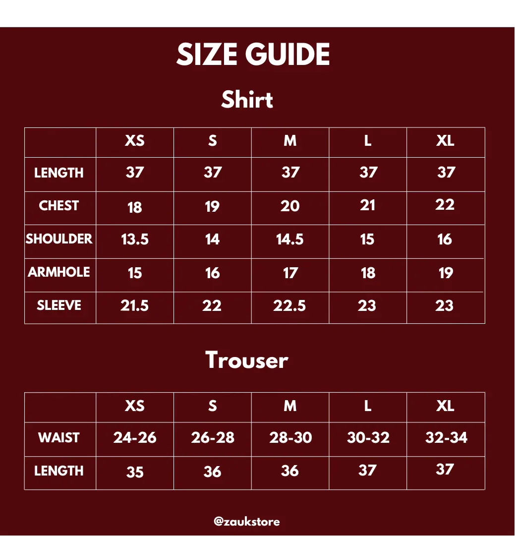 size chart of shirt and trouser in inches.