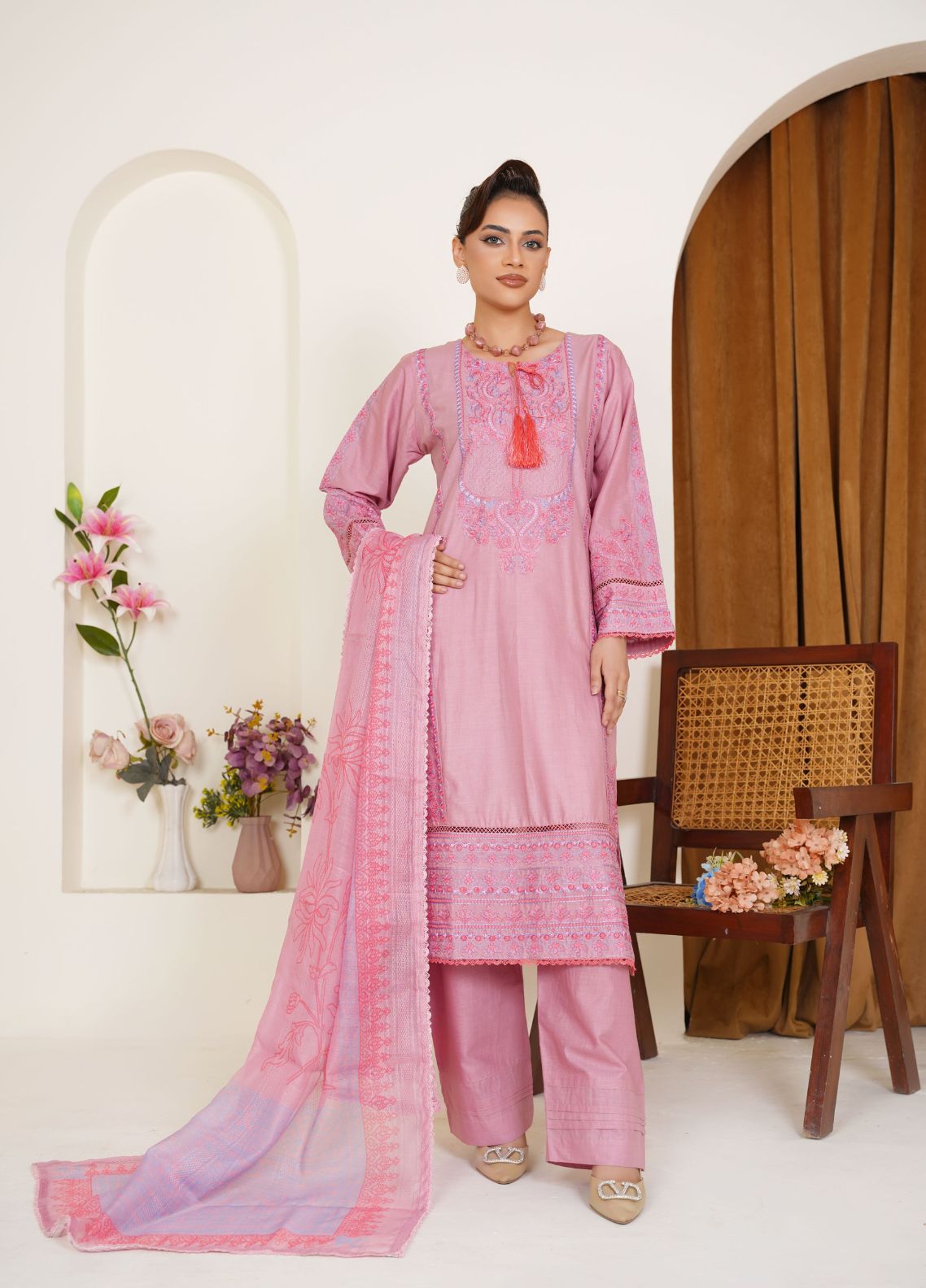 Blush Pink Embroidered Lawn 3-Piece Pret Suit - Threads & Weaves