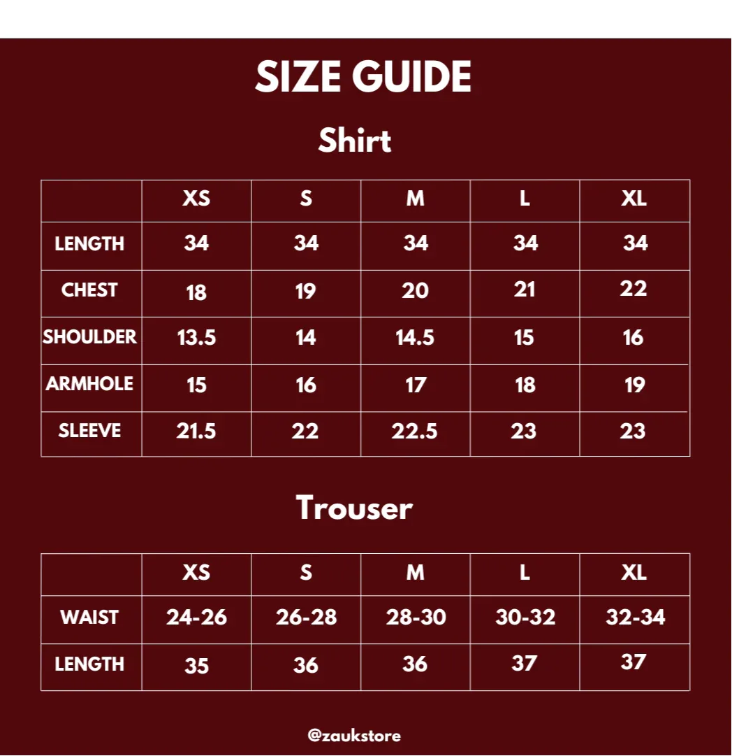 Size chart of shirt and trouser.