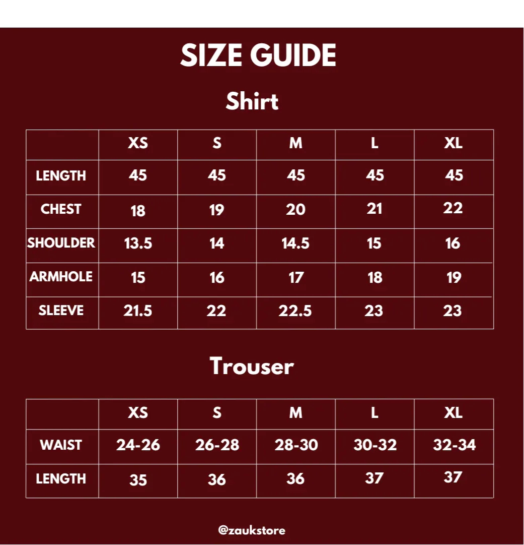 Size guide for a shirt and trouser in inches on the red background.