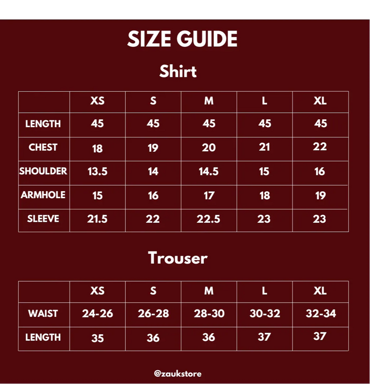 Size guide for a shirt and trouser in inches on the red background.