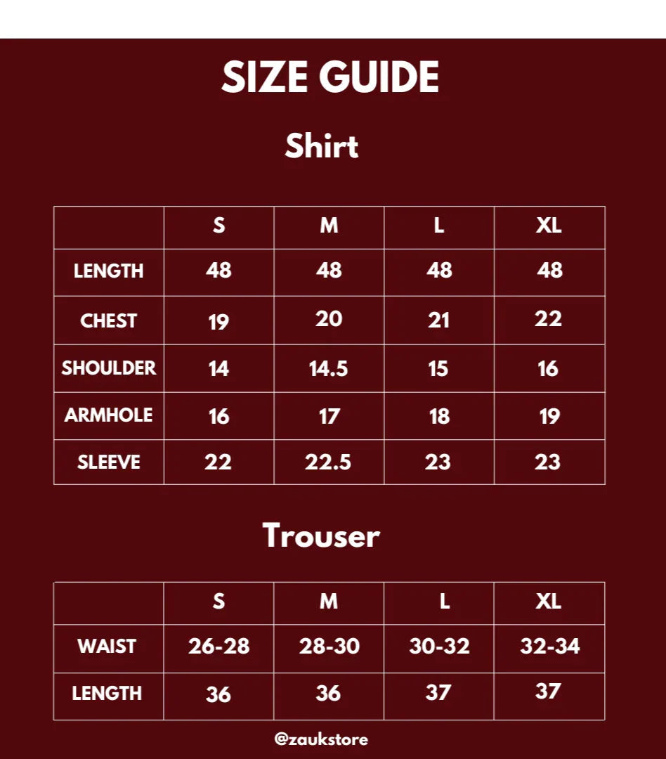 Size chart of a shirt and trouser.