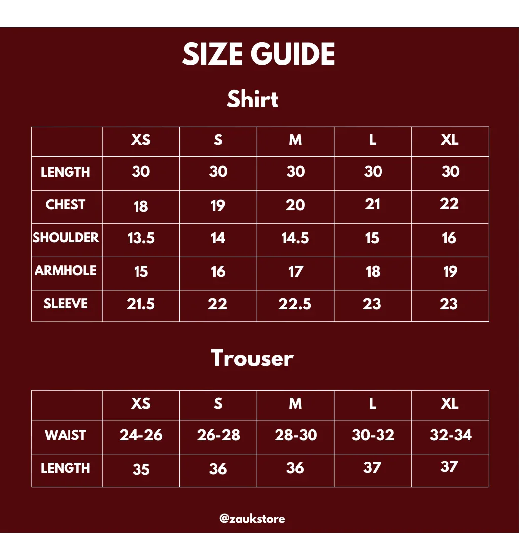 Size guide for a shirt and trouser in inches on the red background.