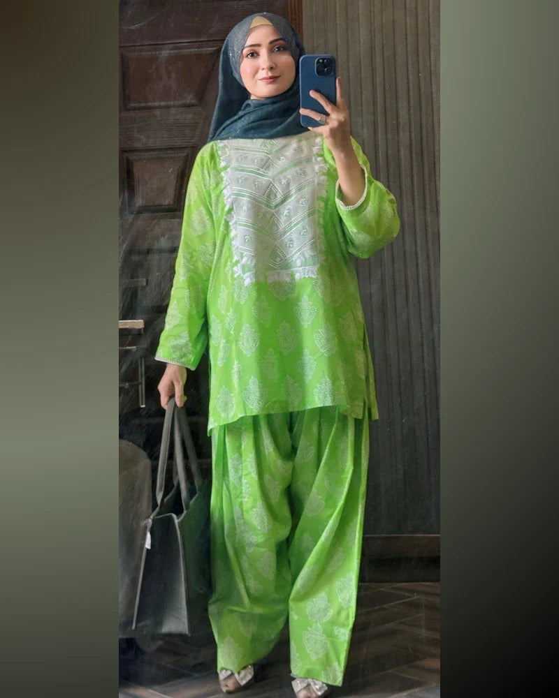 2 Piece Cotton Embroidred Co- Ord Set with Farshi Salwar