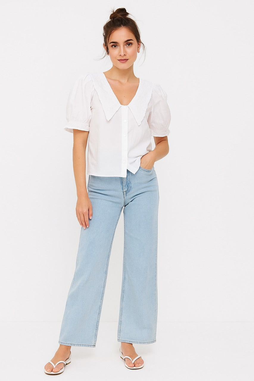 White Puff Sleeve Blouse with Statement Collar - Meenseen Independent
