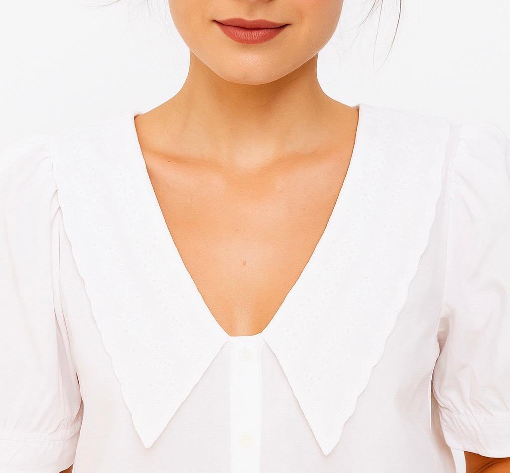 White Puff Sleeve Blouse with Statement Collar - Meenseen Independent