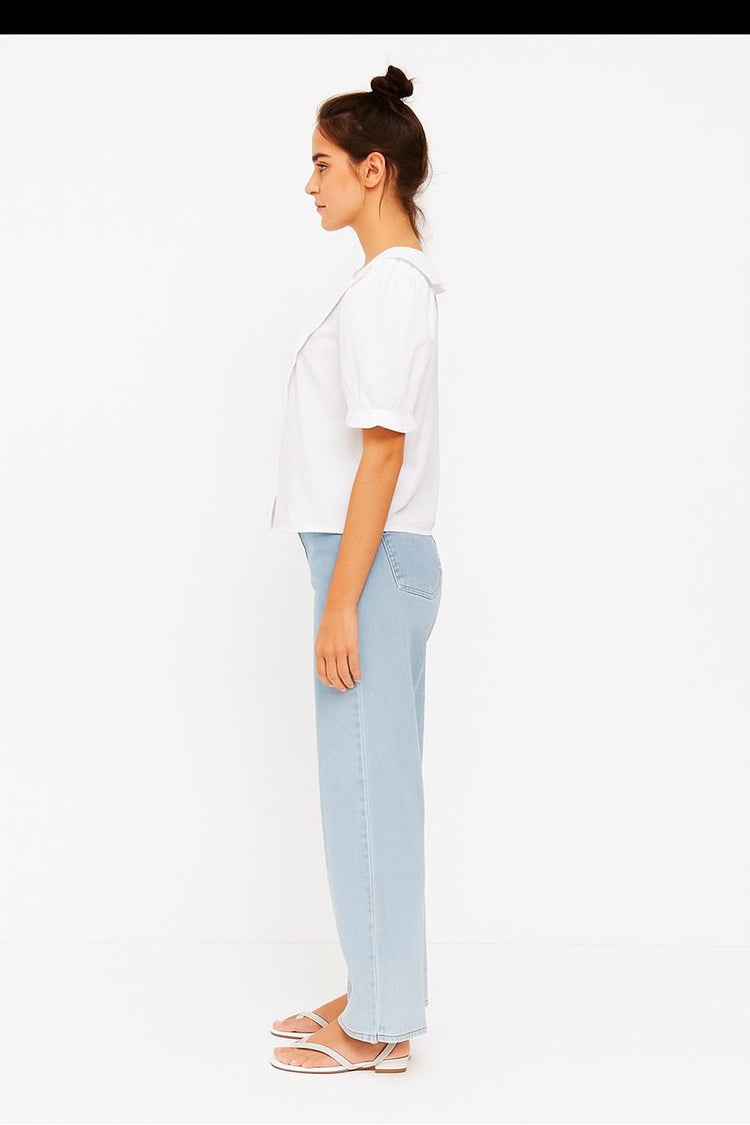 White Puff Sleeve Blouse with Statement Collar - Meenseen Independent