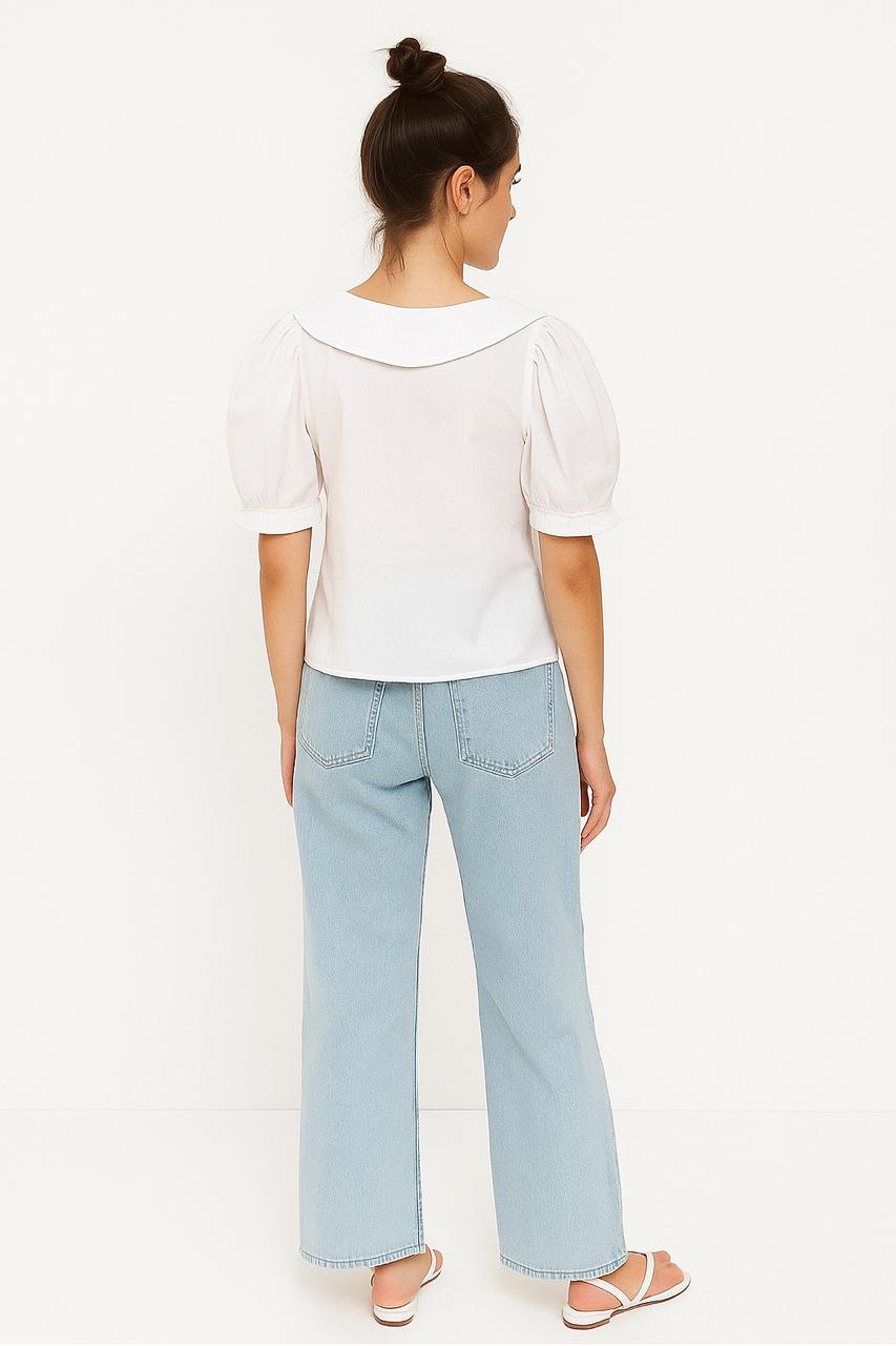 White Puff Sleeve Blouse with Statement Collar - Meenseen Independent