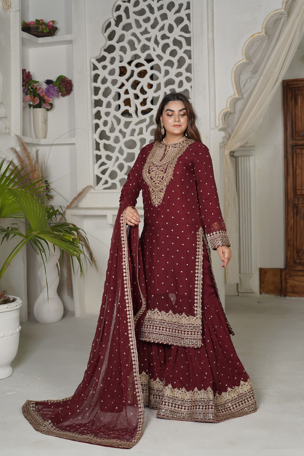 Fiona Ensemble – Herb Green Schiffli Kurta & Gharara | Sundar Stitch