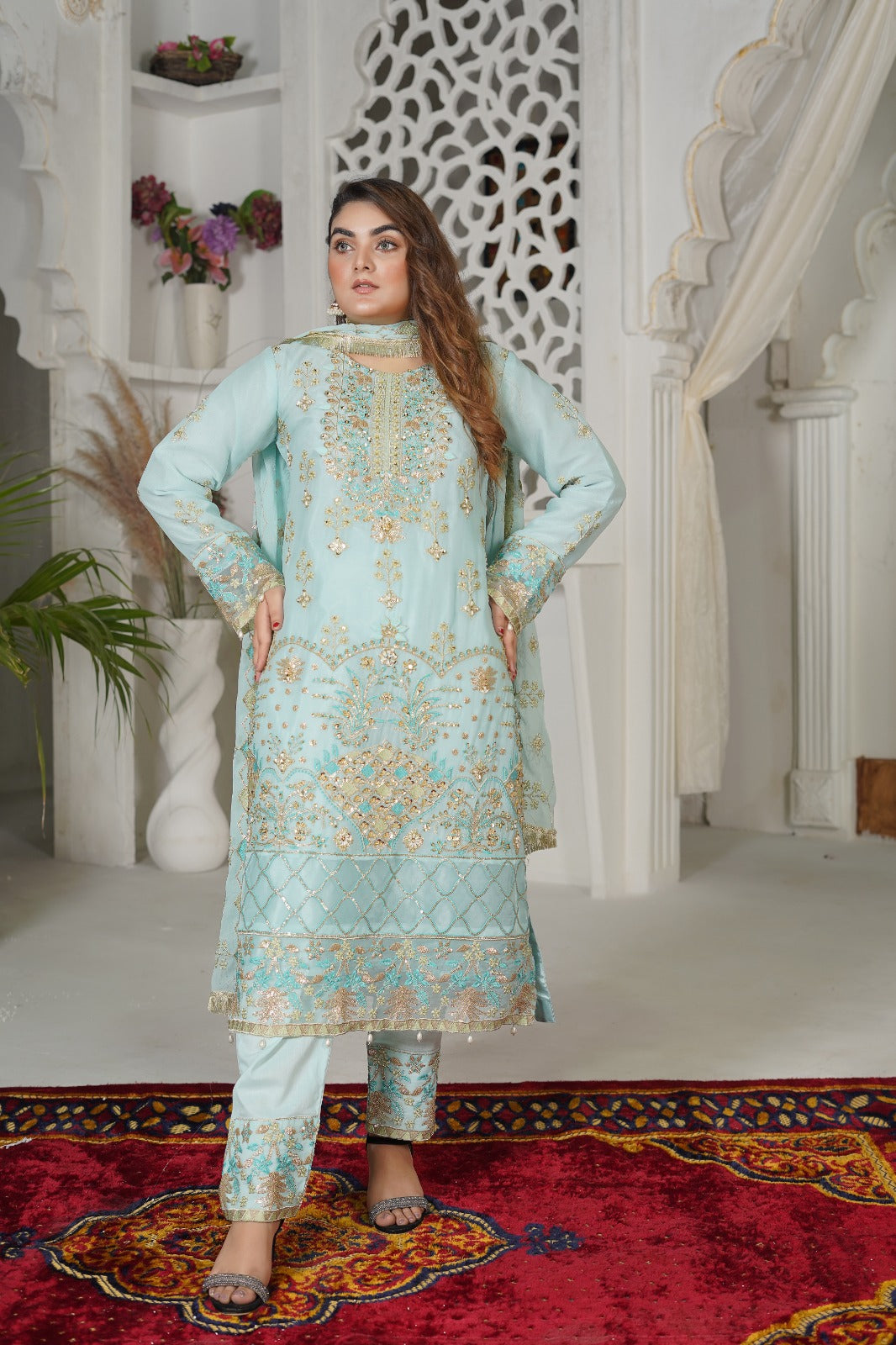 DAFFODIL DREAM – Aqua Chiffon Dress with Adda Work & Palazzo | Sundar Stitch