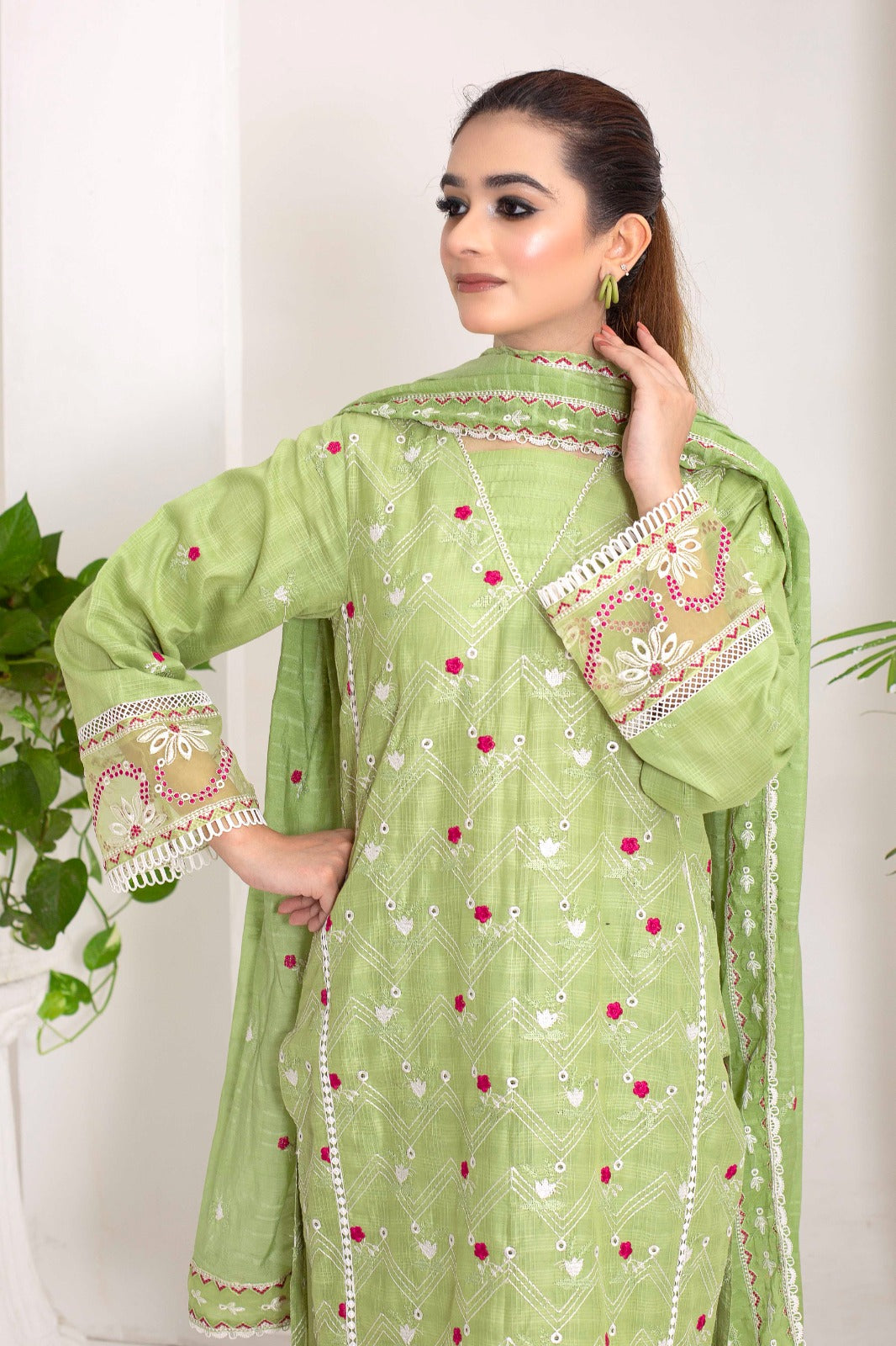 COASTAL BLOOM - Graceful Green Cotton Embroidered Kurta Set  - Sundar Stitch