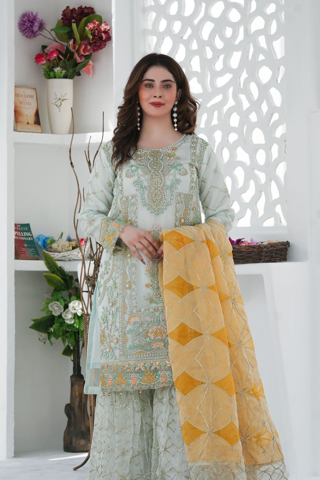 CHANDNI-E-BAHAR – Tea Green Organza Kurta & Flared Gharara | Sundar Stitch