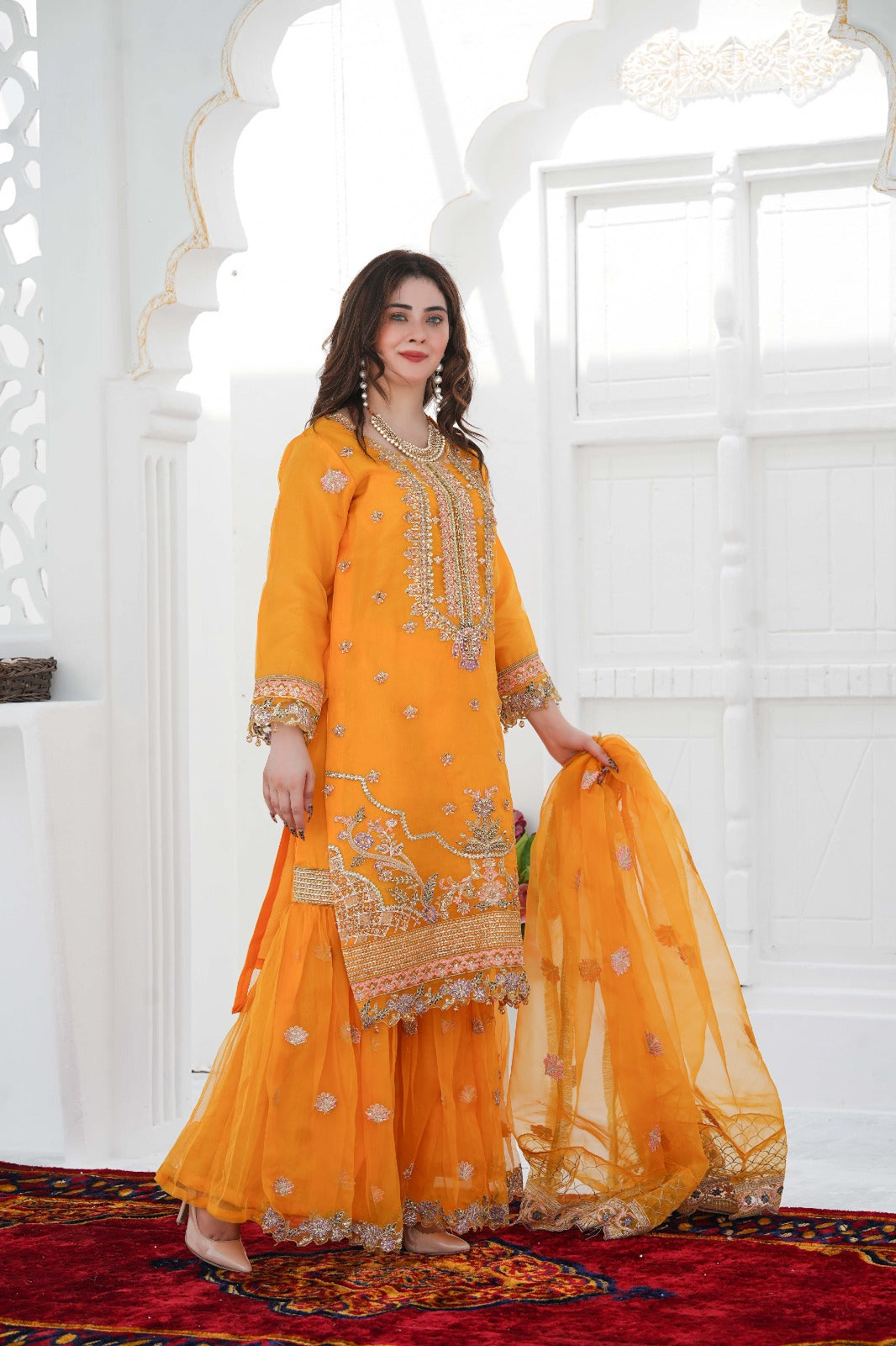 Turquoise Dream 3PC – Mustard Outfit & Embroidered Party Wear Dress by Sundar Stitch