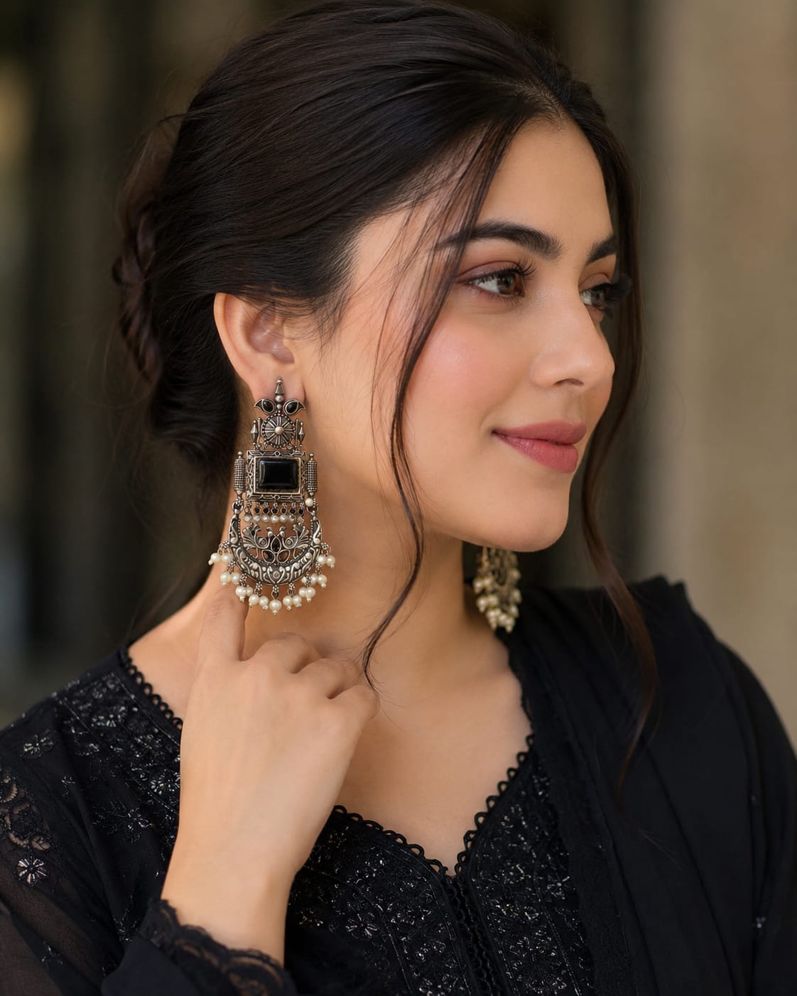 Oxidized Black Pearl Earring - Mala Kangan
