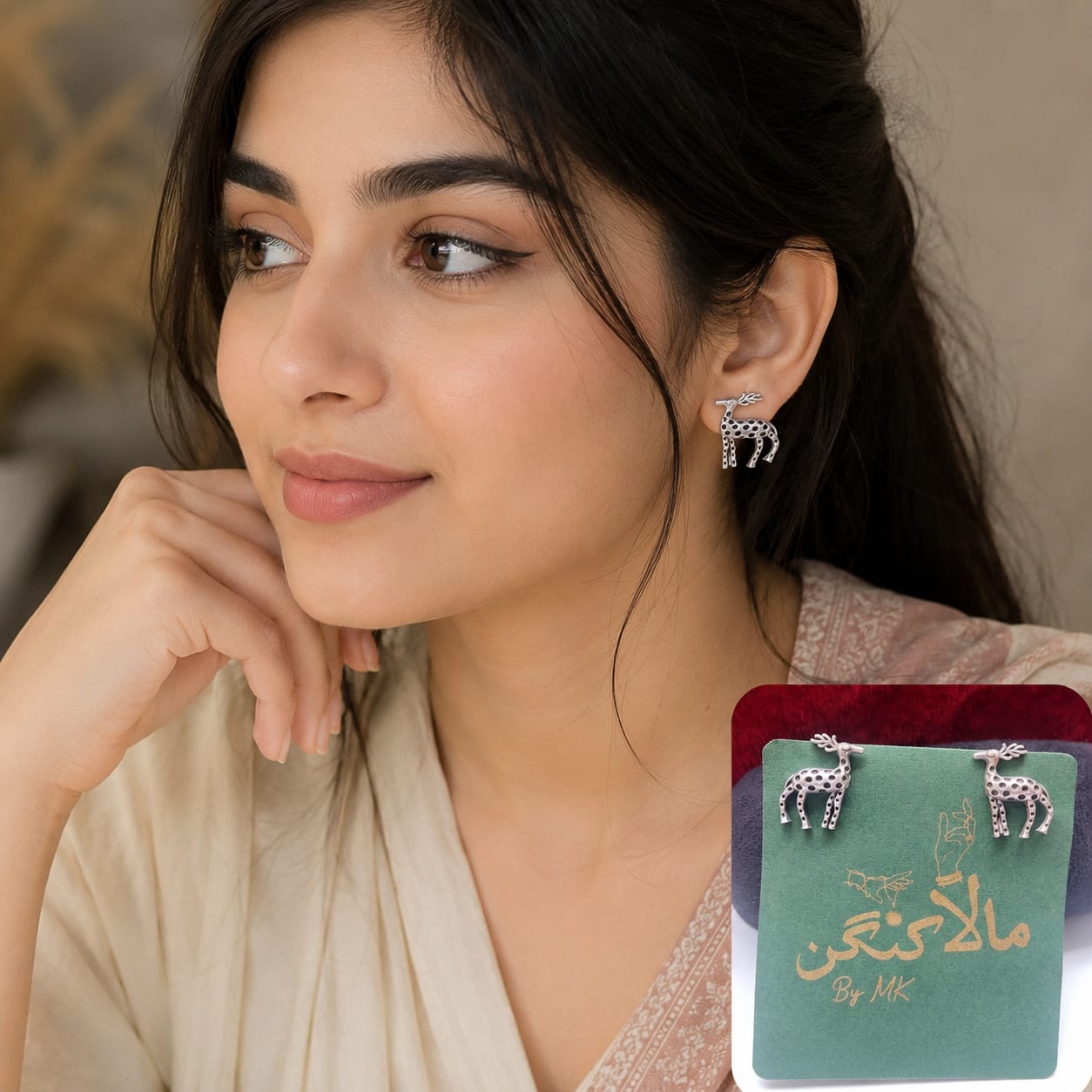 Oxidized Deer Earrings - Mala Kangan