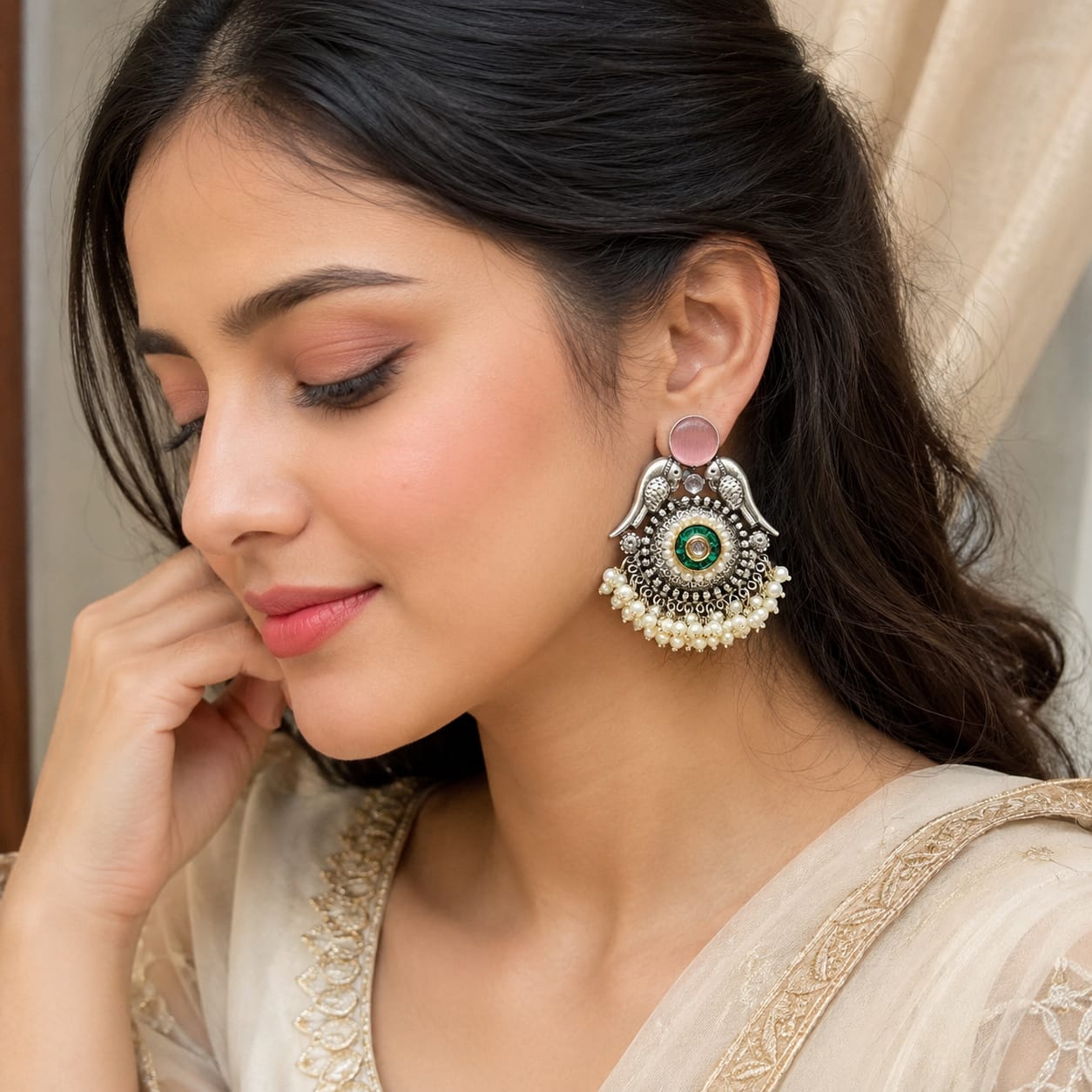 Oxidized Bird Pearl Earring - Mala Kangan
