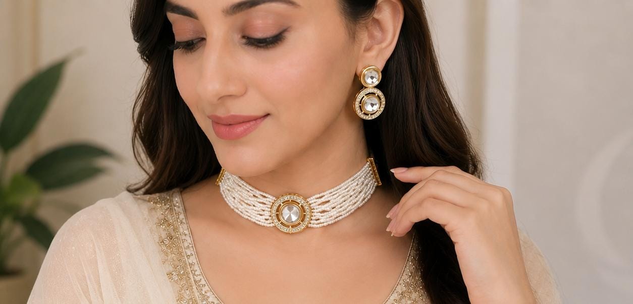 Kundan Pearl Choker Set - Mala Kangan