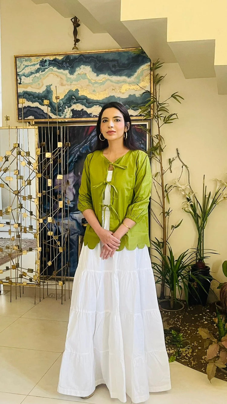 1 Piece Green Cotton Tie-Up Shirt | Scalloped  Hem - Urban Cut