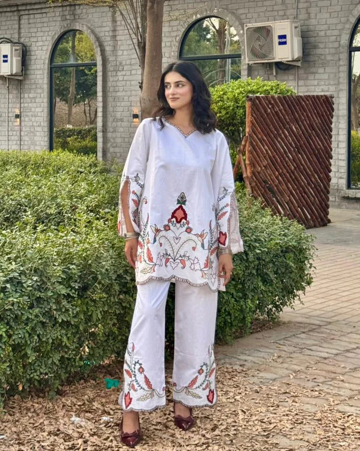 Embroidered Cotton Satin Co-Ord Set - Urban Cut