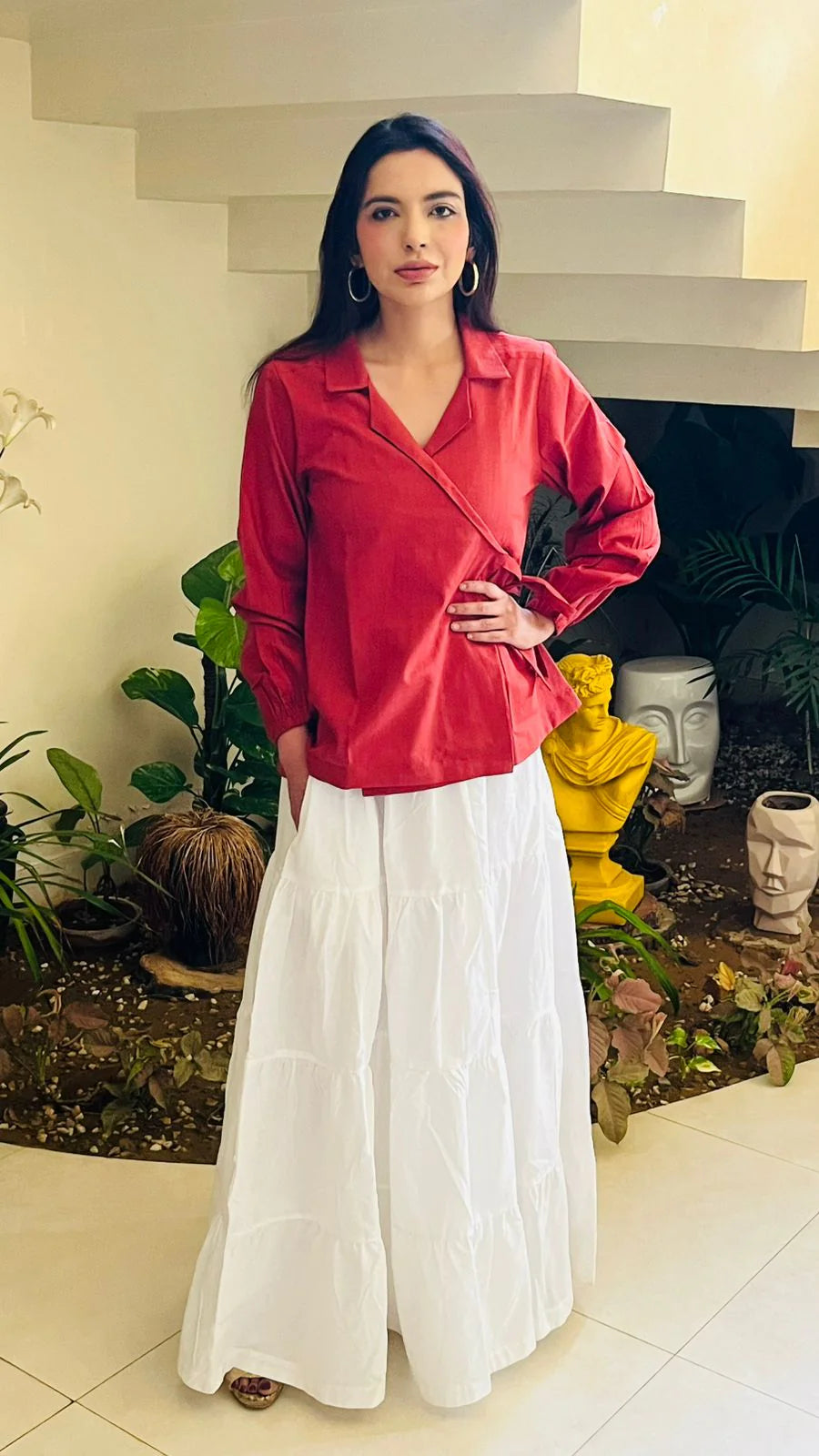 Red Cotton Wrap Shirt | Minimal Chic