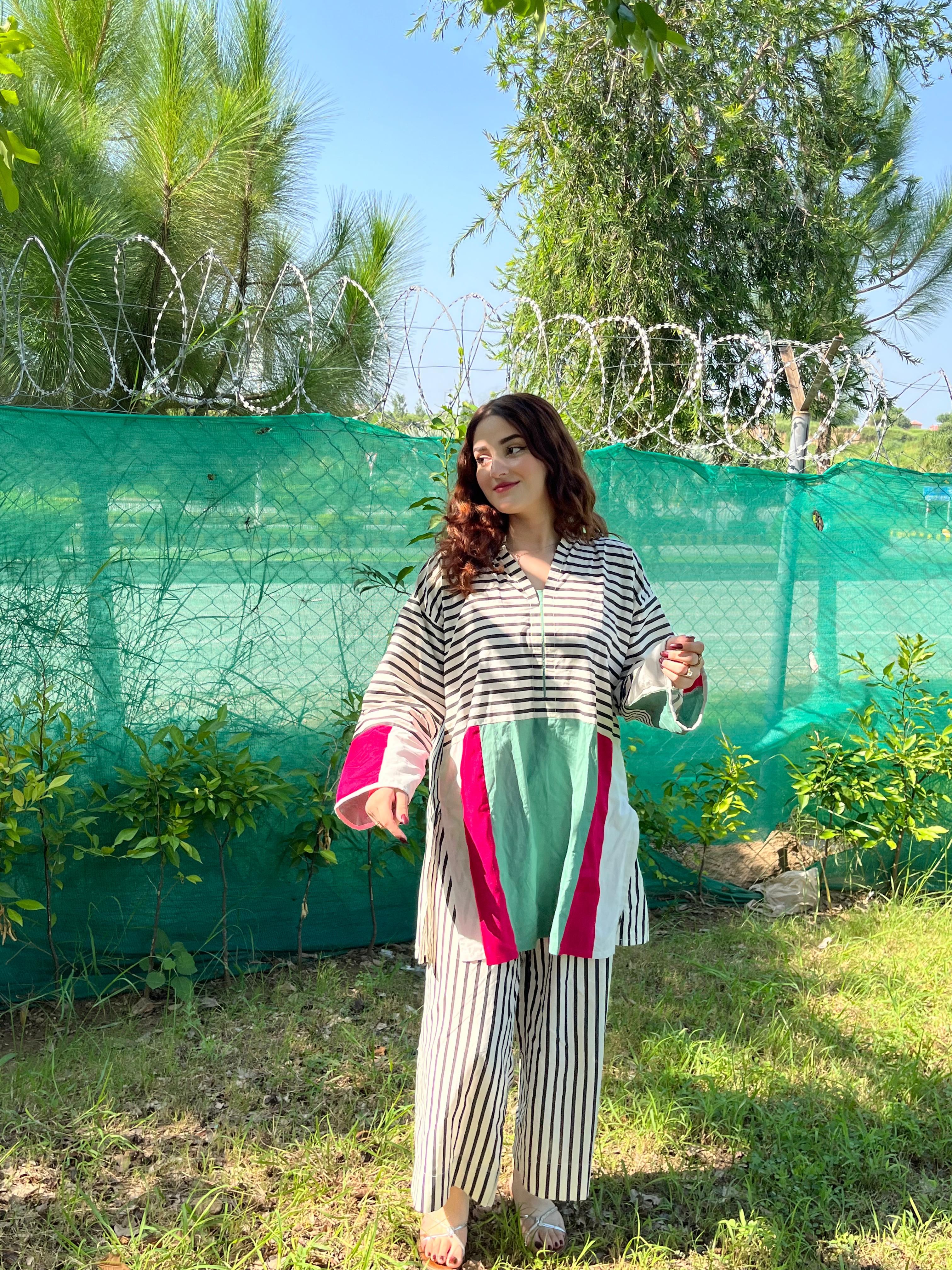 Striped Colorblock Cotton 2-Piece Suit