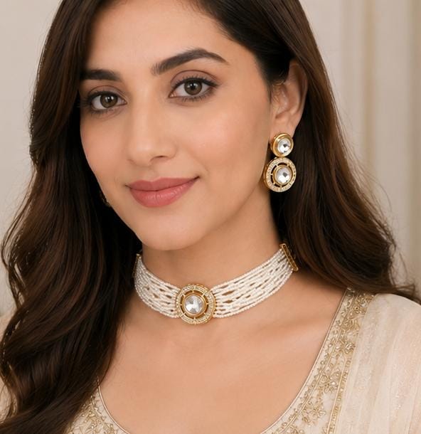 Kundan Pearl Choker Set - Mala Kangan