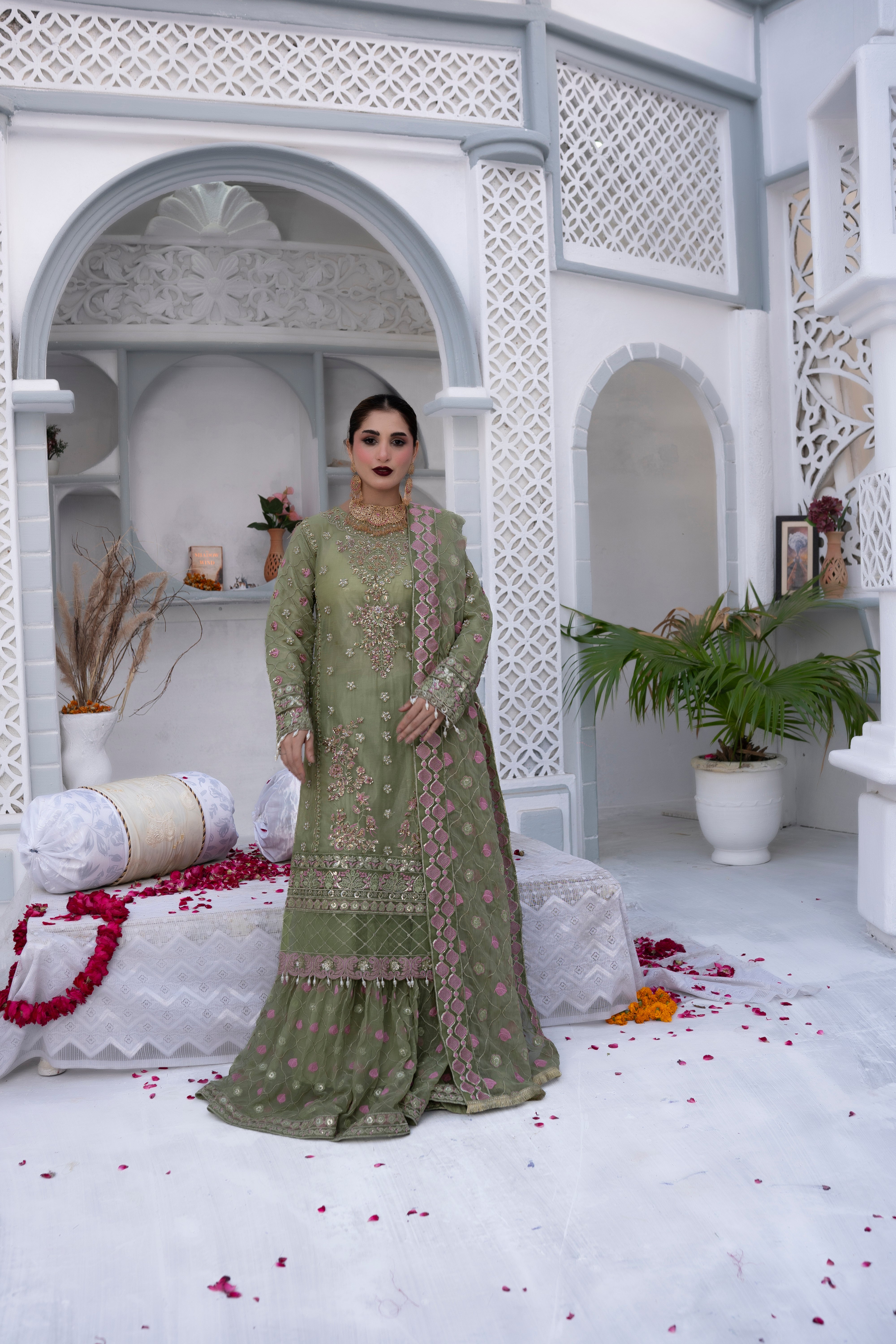 FEATHER GLOW – Chiffon Gharara in Pistachio Green | Sundar Stitch