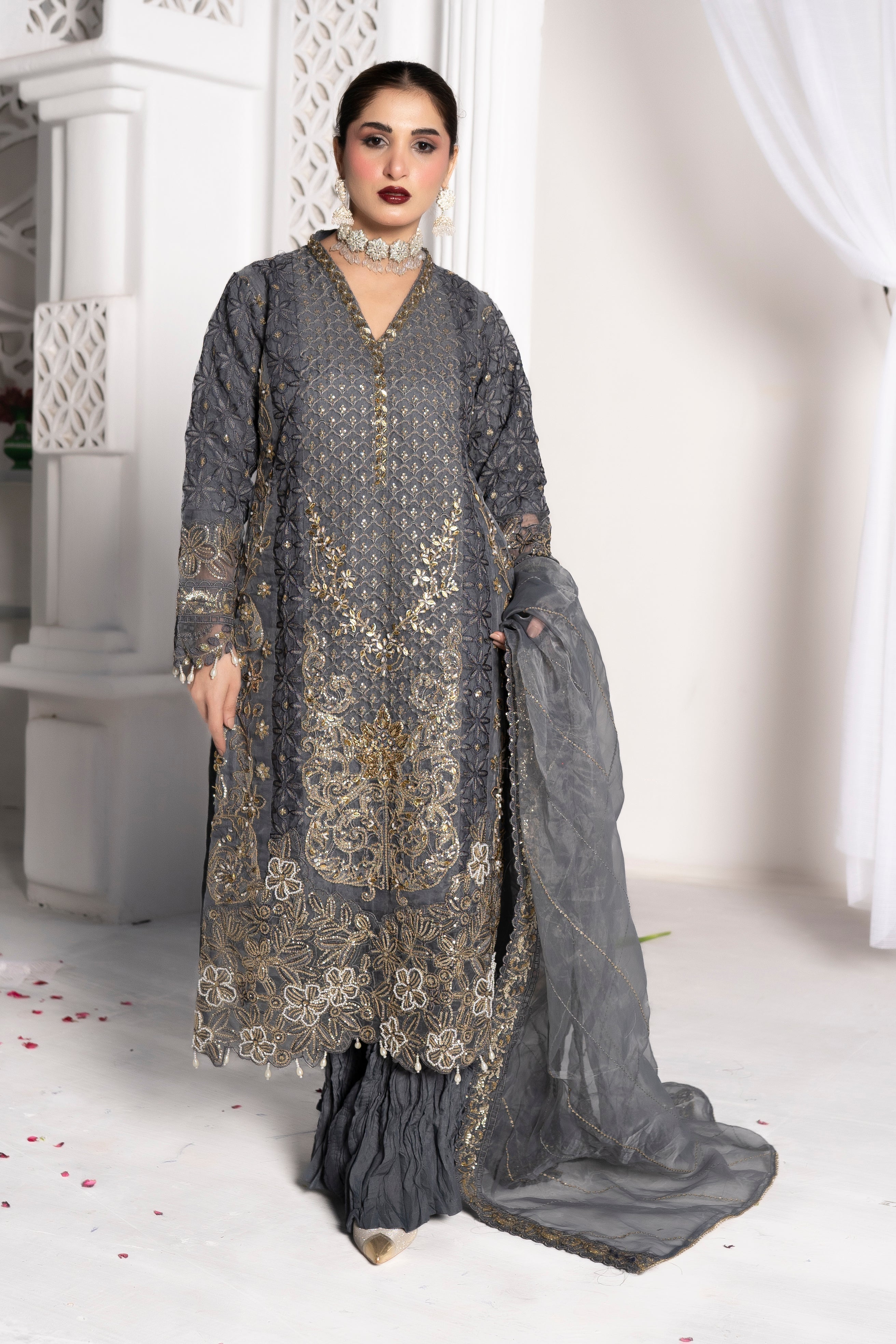 Chrome Gold – Grey Premium Organza Sharara with Crystal Hand Work | Sundar Stitch