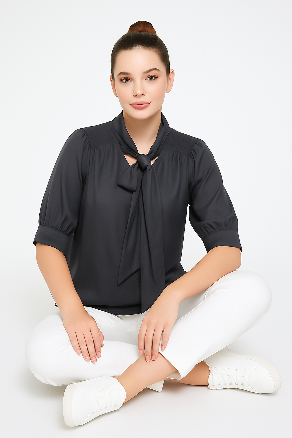 Elegant Charcoal Tie-Neck Blouse - Meenseen Independent