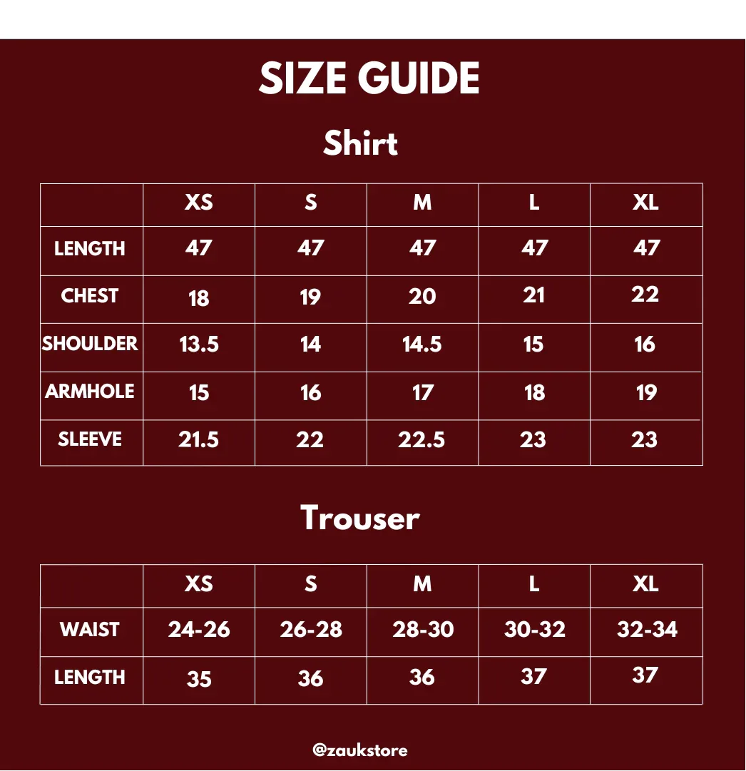 size chart of shirt and trouser.