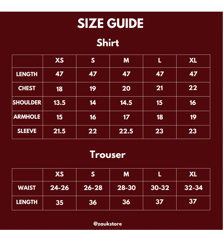 size chart of shirt and trouser.