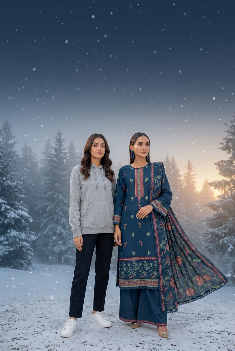 Two models in a grey hoodie and a navy embroidered dhanak suit in the snow