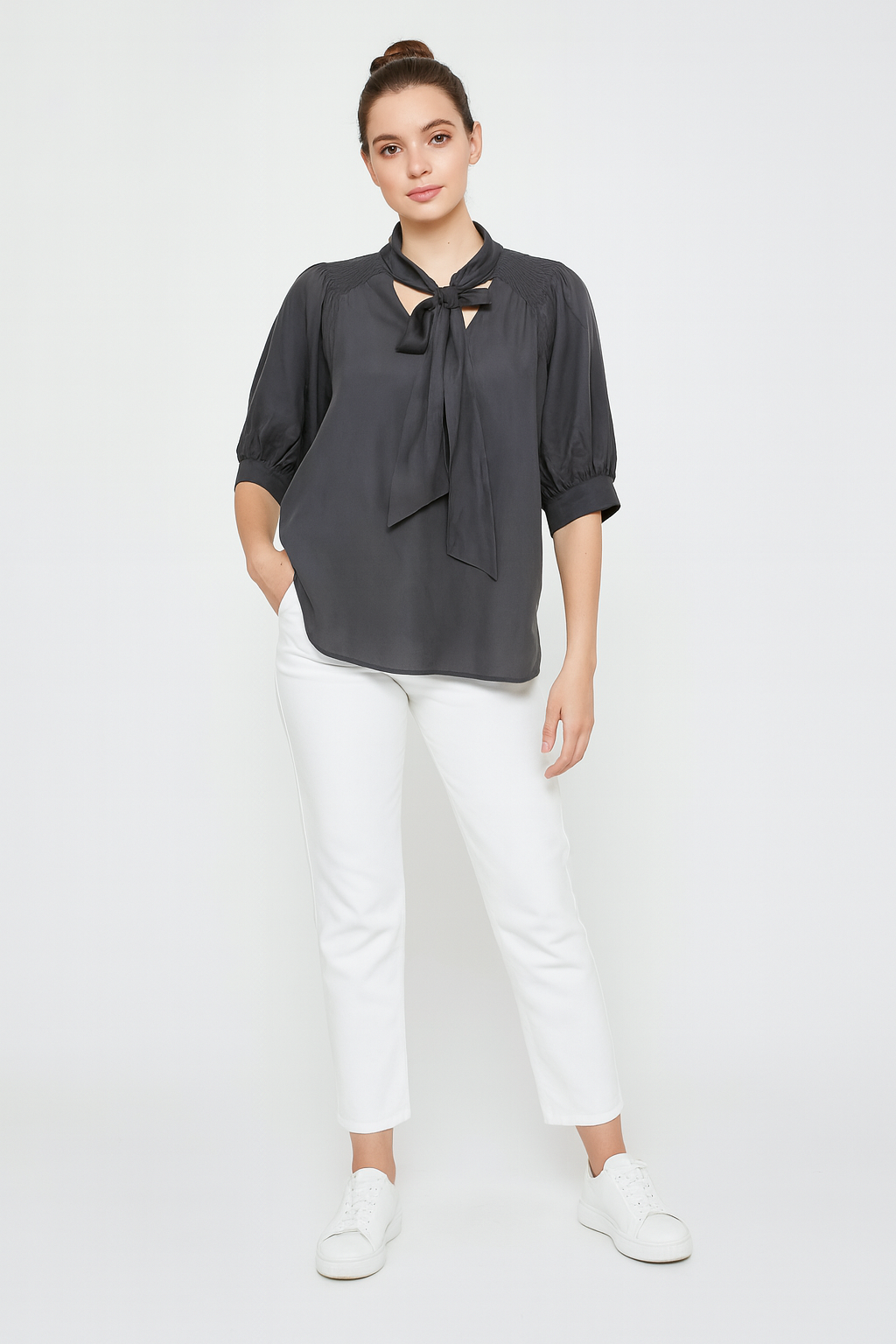 Elegant Charcoal Tie-Neck Blouse - Meenseen Independent