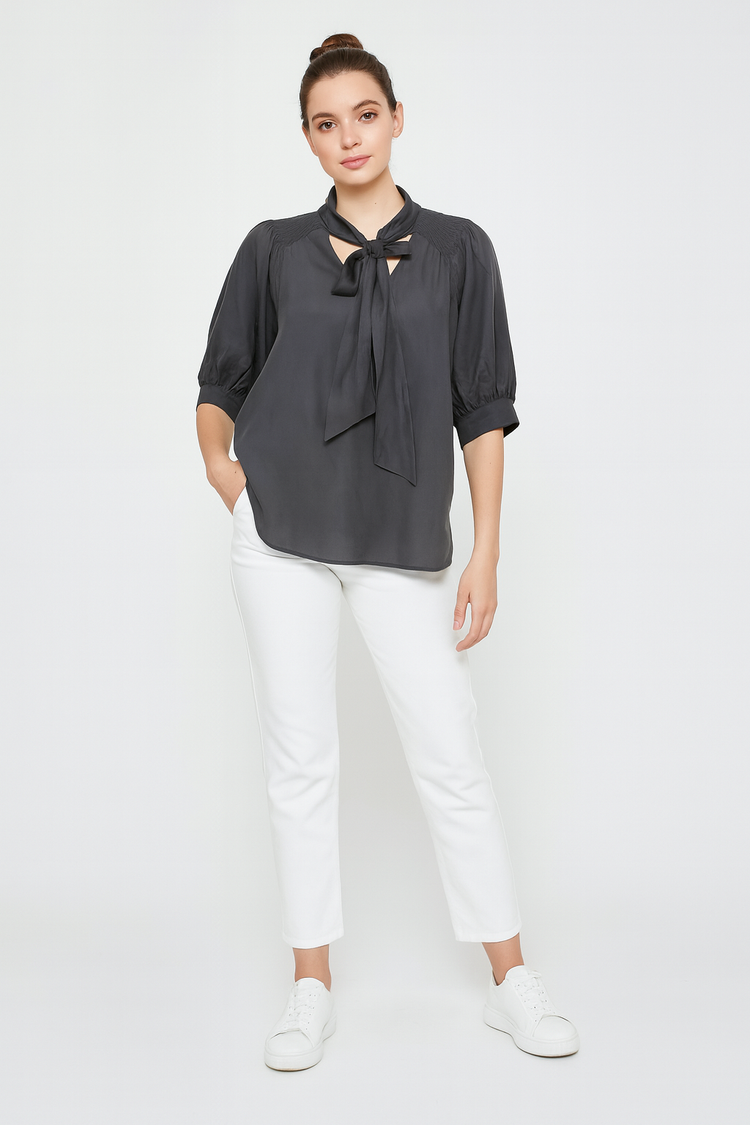 Elegant Charcoal Tie-Neck Blouse - Meenseen Independent