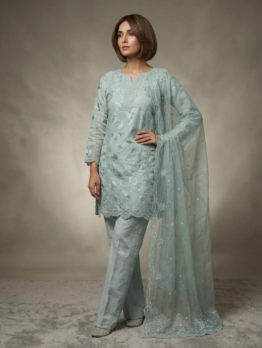 Noor - Mint Green Embroidered Organza 3-Piece Suit