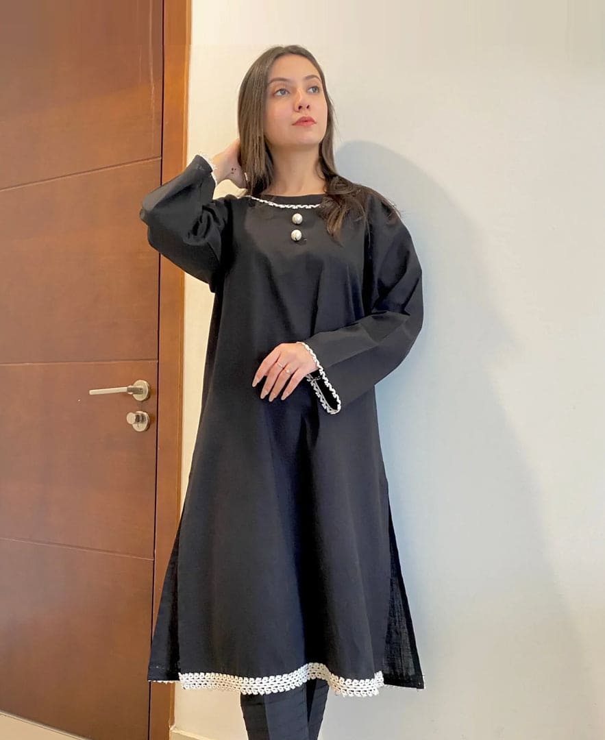 Elegant Jet Black Cotton Embellished Kurti 1 Piece