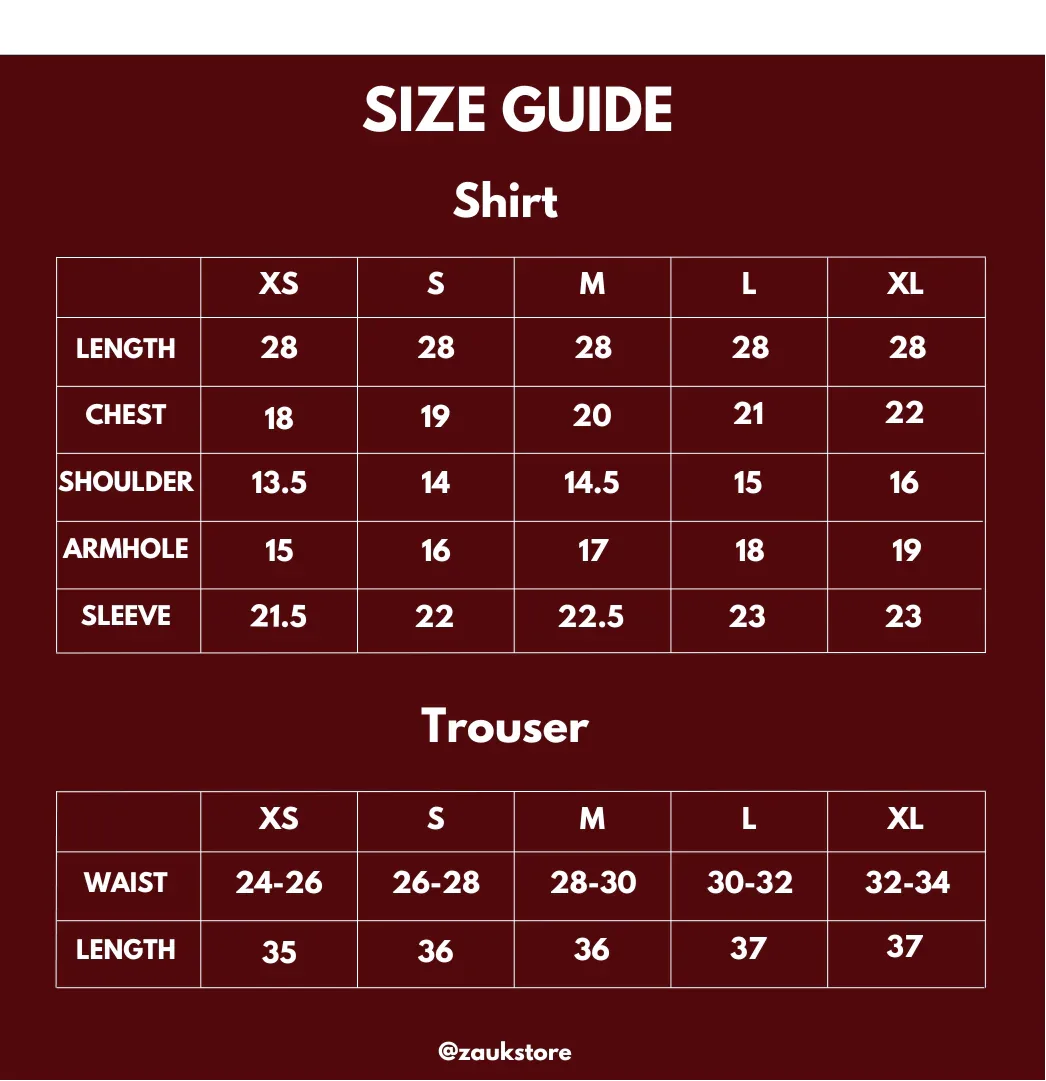 Size guide for shirts and trousers with measurements on a red background