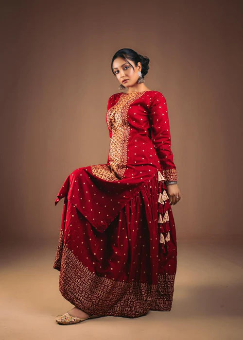 Maroon Polka Printed Kurta with Maroon Skirt - Zeekstore
