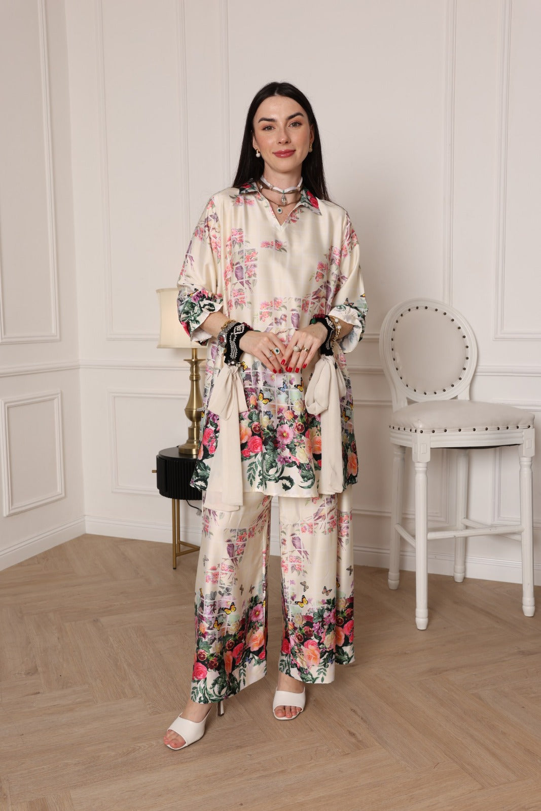 Women’s Satin Floral Printed 2-Piece Set – Shirt & Wide-Leg Trousers - Meemseen Independent