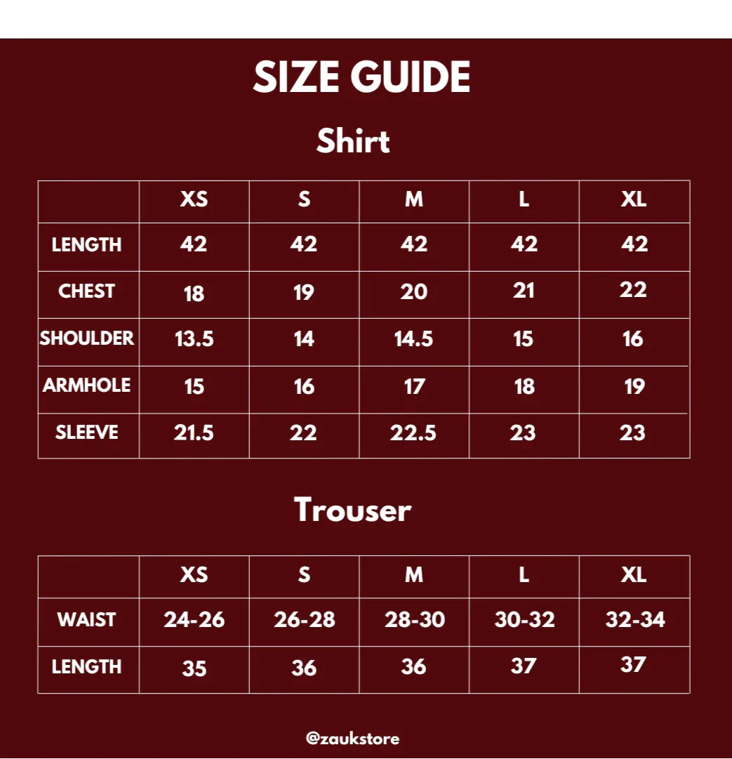Size chart of a shirt and trouser.
