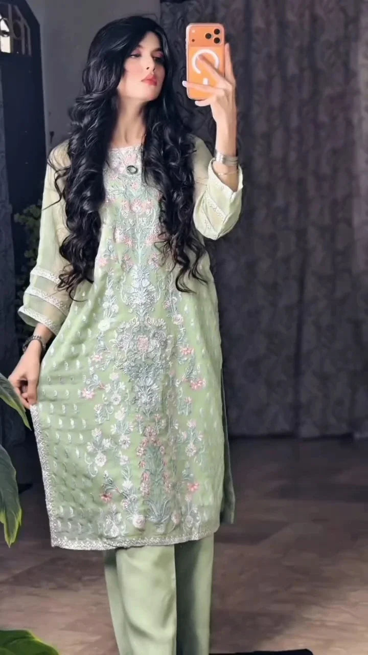 Embroidered Chiffon 2-Piece Suit | Chiffon Shirt & Viscose Trouser - Urban Cut