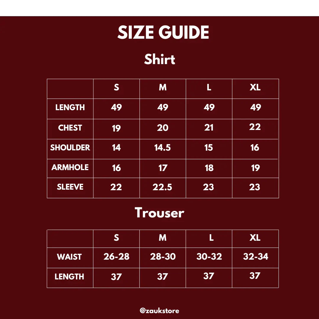 Size guide for shirts and trousers with measurements on a dark red background.