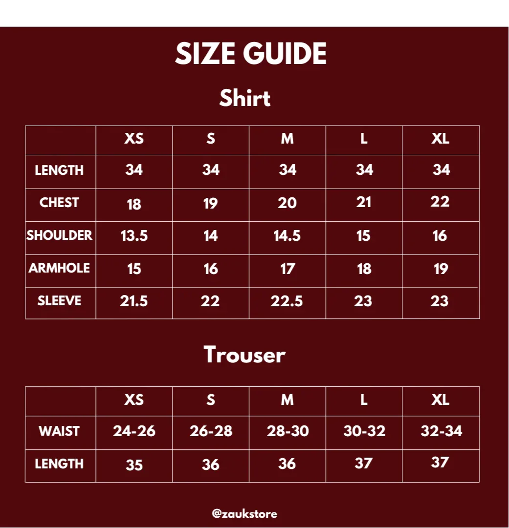 size chart of shirt and trouser.