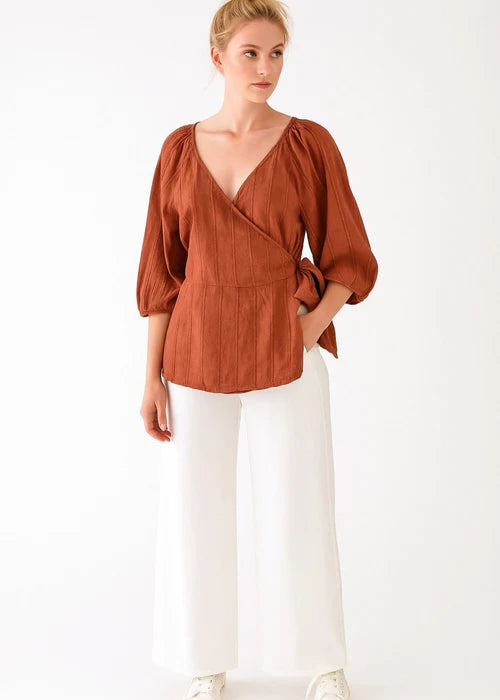 Rust Brown Wrap Blouse with Puff Sleeves - Meemseen Independent