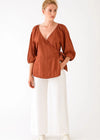 Rust Brown Wrap Blouse with Puff Sleeves - Meemseen Independent