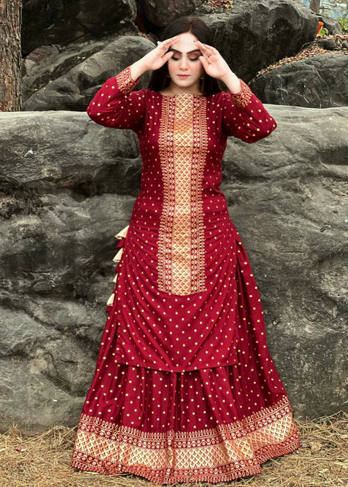 Maroon Polka Printed Kurta with Maroon Skirt - Zeekstore