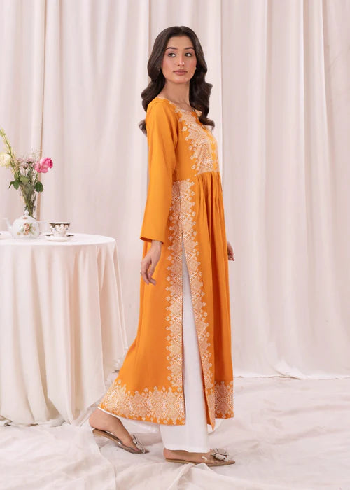 Mustard White printed long kurta 1 Piece D117 - Laal Kurti